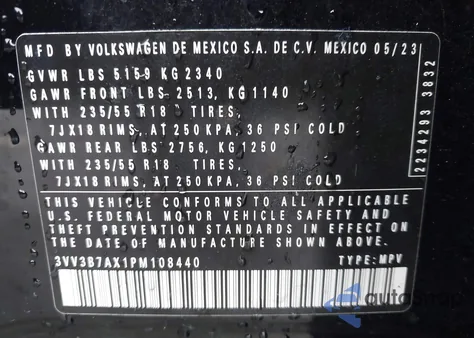 2023 Volkswagen Tiguan 2.0T Se z USA, uszkodzony, nr VIN 3VV3B7AX1PM108440